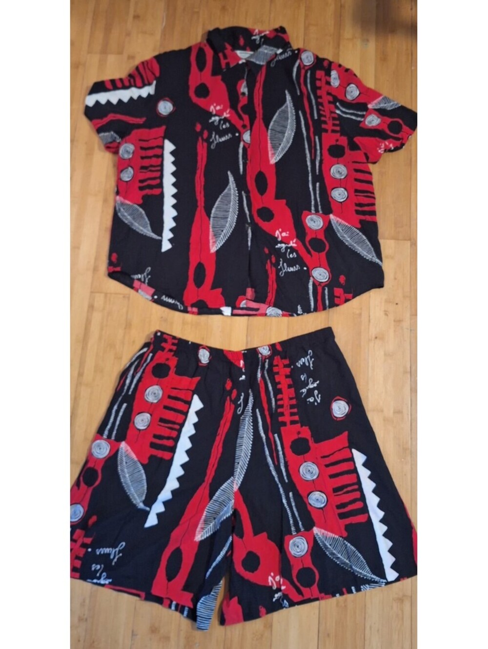 VTG 80's Seperate Issue 2pc. Women's Sz 2X Short Outfit Black/Red/White Tropical